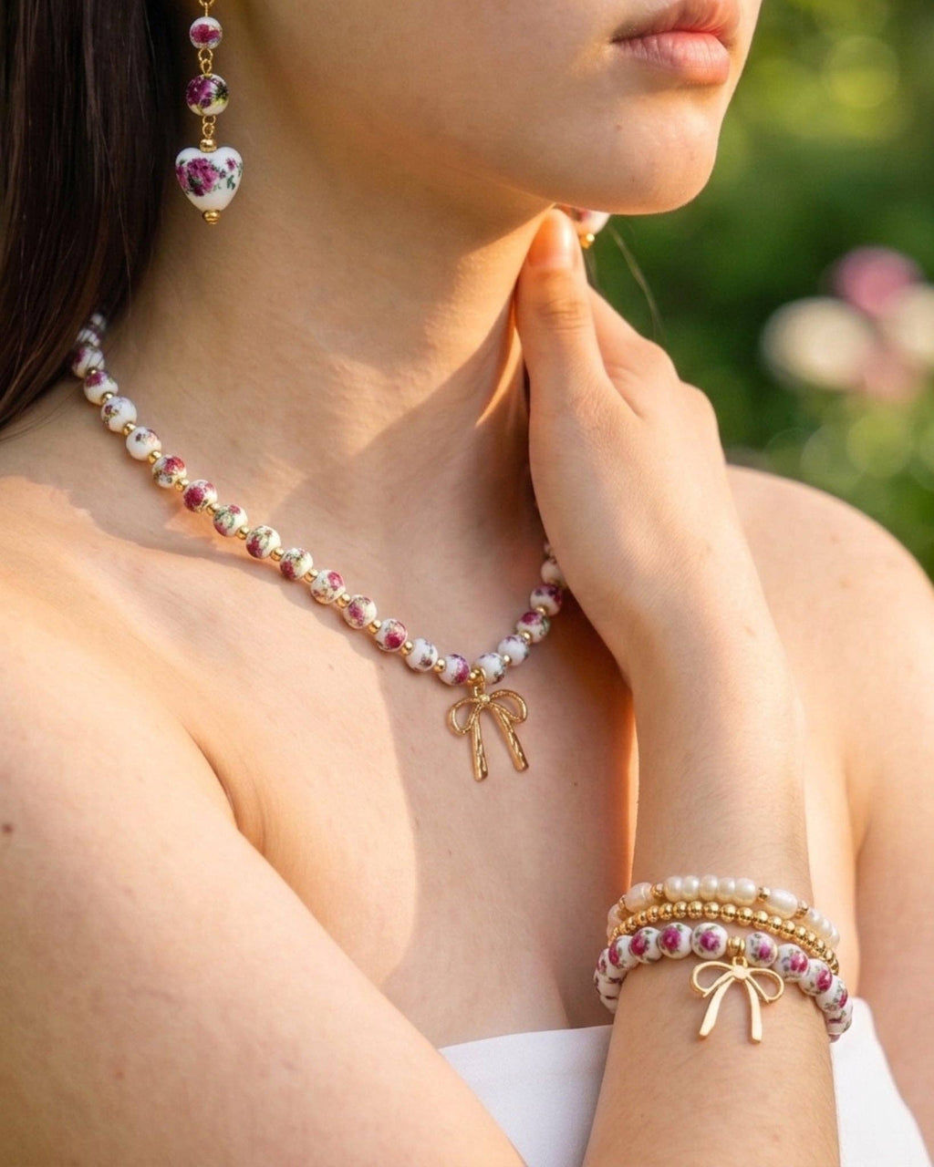 Pink Beaded Bow Pendant Necklace