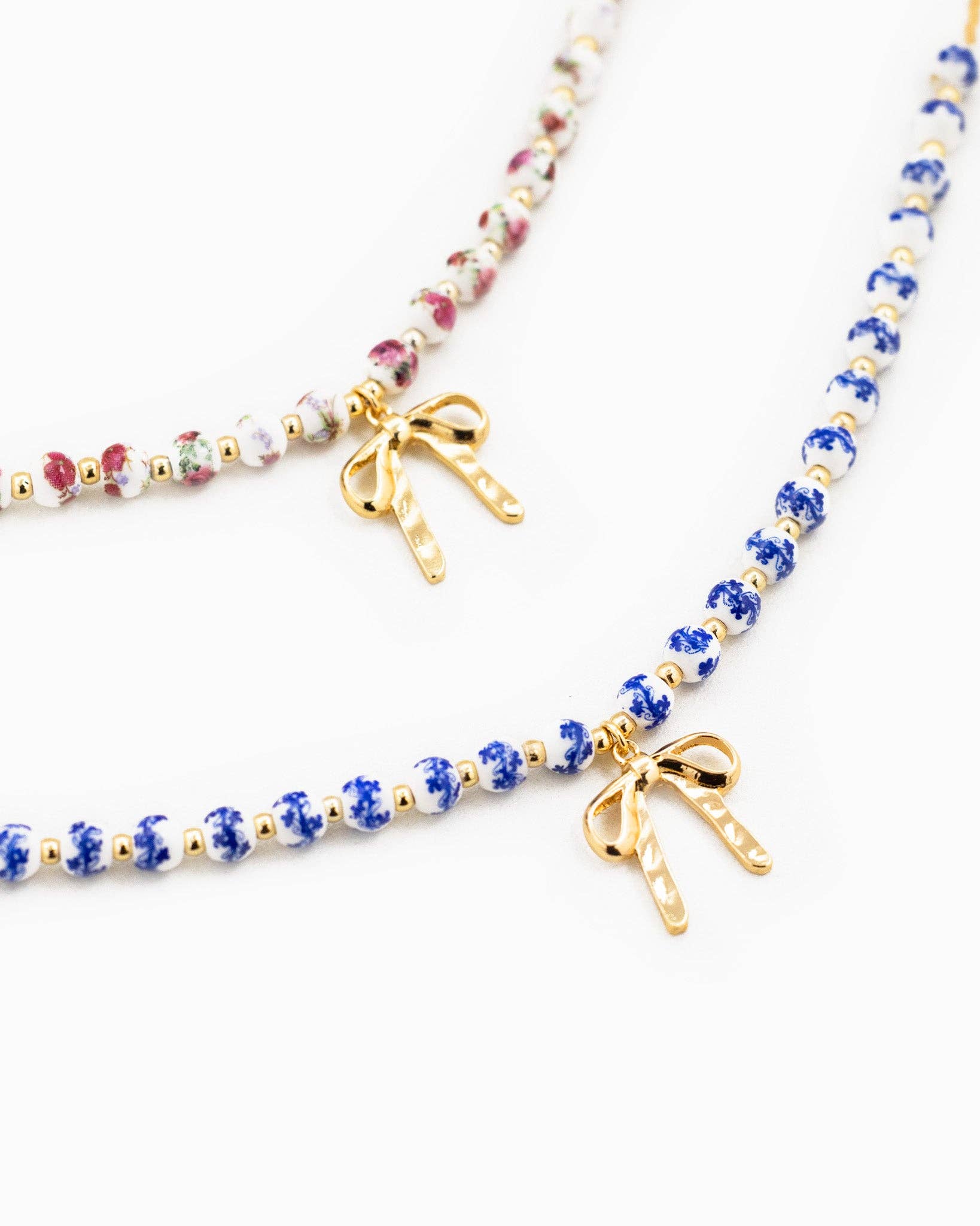 Pink Beaded Bow Pendant Necklace