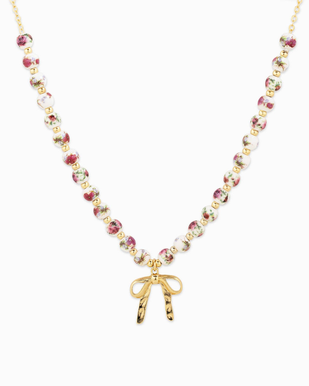 Pink Beaded Bow Pendant Necklace